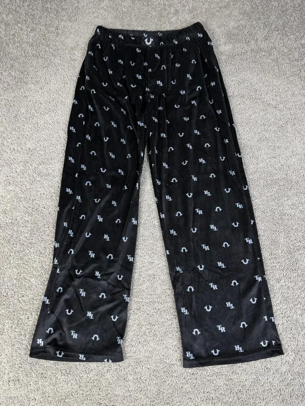 True Religion Pajama Pants Mens L Black Velour Logo Drawstring Lounge Sleepwear